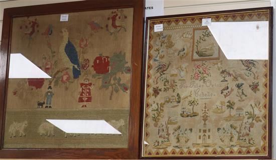 A Victorian sampler, 53 x 58cm and a needlework picture